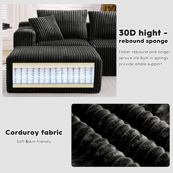 Ihanherry 139.37 Cloud Modular Sectional Couch Sofa with U-Shape Chaise and Big Ottoman with Deep Seat Upholstered Couches for Living RoomNo Assembly Required Plush Corduroy Fabric (Black)