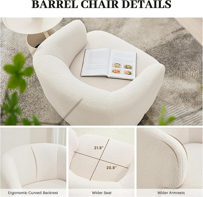 Swivel Accent Chair Upholstered Fabric Barrel Chair Boucle Round Boucle Armchair for Living Room Bedroom Beige Cream White