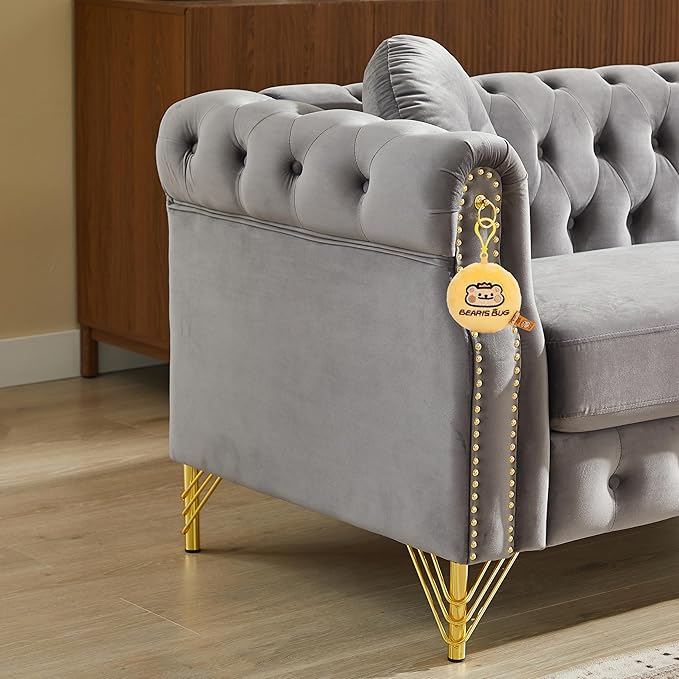 82 Comfy Chesterfield Sofa with Rolled Arms &amp Pillows 3 Seater Retro Velvet Couch Mid Century Modern Love Seat with Gold Trim and Legs Soft Deep Seat Tufted Couches for Living Room (Grey)