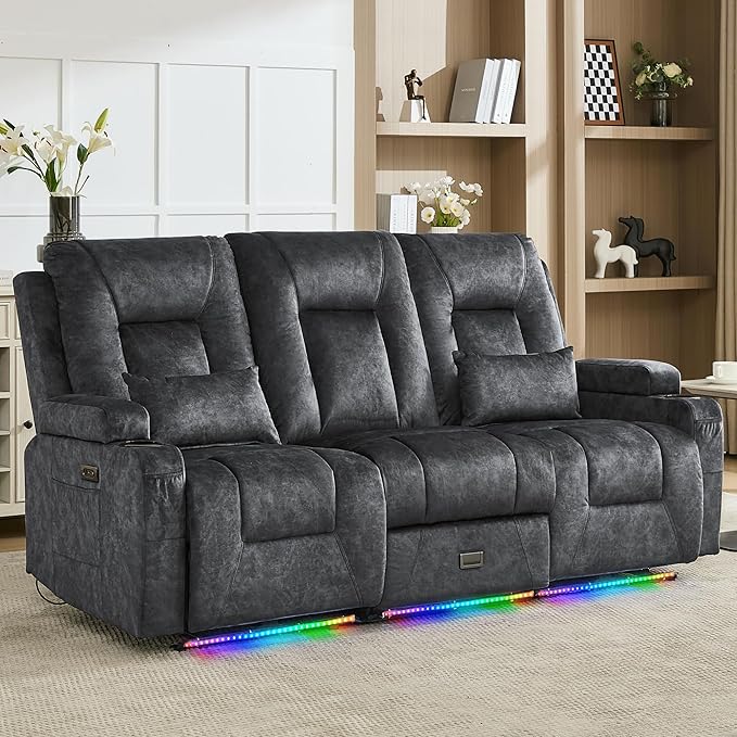 URRED Wall Hugger Power Recliner Sofa RV Double Reclining 3-Seater Couch for Living Room with LED Lights USB Ports Cup Holders and Side Pockets Outlets Drawer Velvet Fabric - Gray