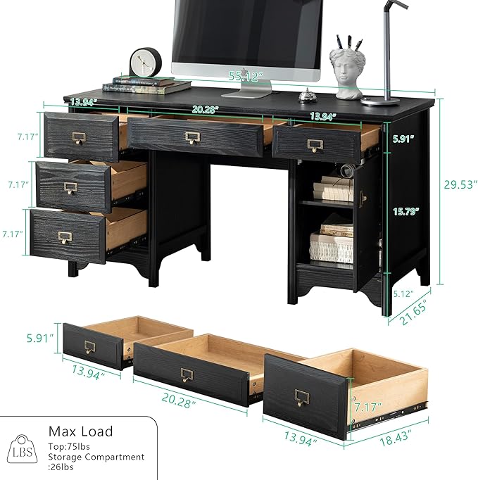 Chogori 55 Solid Wood Executive Desk Farmhouse Office Computer Desk with 5 Drawers &amp Storage Cabinet Wooden Writing Table for Home Office Study Bedroom Black