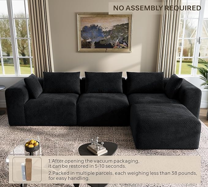 75'' Boneless Couch - Sectional Cloud Sofa for Living RoomTwo-Seater Modular CouchesNo Assembly Required Suitable for Living Rooms and BedroomsBlack