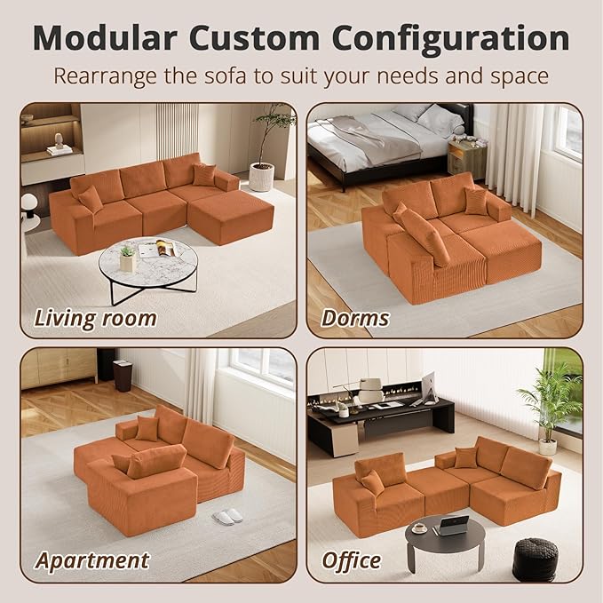 108 L-Shaped Boneless Couch High Seat Modular Sectional Sofa with Moveable Ottoman Corduroy Cloud Couches for Living Room No Assembly Ship in a Box Orange