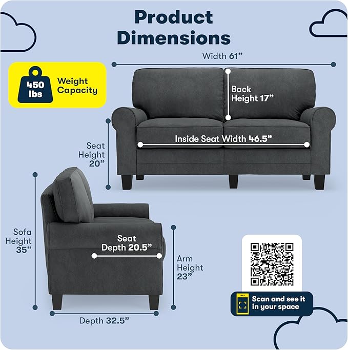 Serta Copenhagen 61 Rolled Arm Sofa Easy Care Polyester Soft Pillow Back Pocket Coil Seat Cushions Removable Covers Loveseat or Couch for Small Spaces Living Rooms or Bedrooms Charcoal