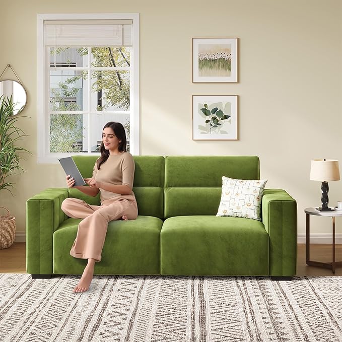82 Inch Sofa with Extra Deep Seats Oversize Velvet Fabric 2 Seater Sofa for Living RoomModern Couch and Loveseat Comfy Armrests and Seats and Backrests Easy Installation Green