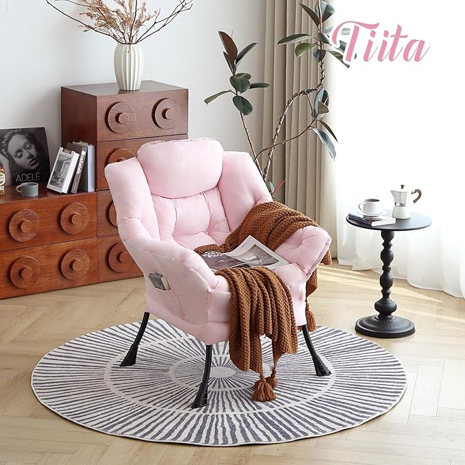 Tiita Lazy Chair Pink Modern Large Accent Armchair Comfy Leisure Sofa Reading Chair for Bedroom Living Room Dorm Rooms Garden and Courtyard Pink