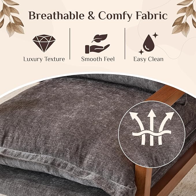 Karl home Midcentury Accent Chair for Living Room Chenille Upholstered Lounge Armchair with Lumbar Pillow Ruffle-Designed Cozy Reading Chair with Wood Legs Gray