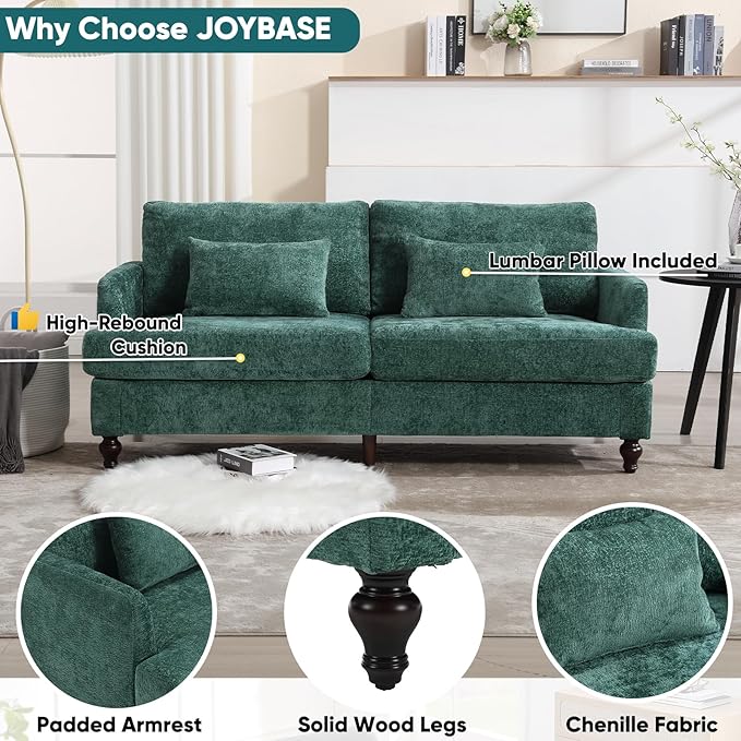 JOYBASE 70 inch Loveseat Sofa Mid-Century Modern Love Seat Couch with Wood Legs Upholstered Comfy Sofa for Living Room Apartment Office Bedroom (Emerald Chenille)