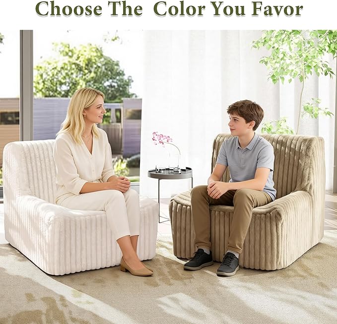 Trenda 32'' Comfy Bedroom Chair for Adult Boneless Space-Saving Accent Chairs with with Spacious Seating Soft Faux Fur Cover Ideal Floor Couch for Living RoomCollege Dorm to Reading (Khaki)