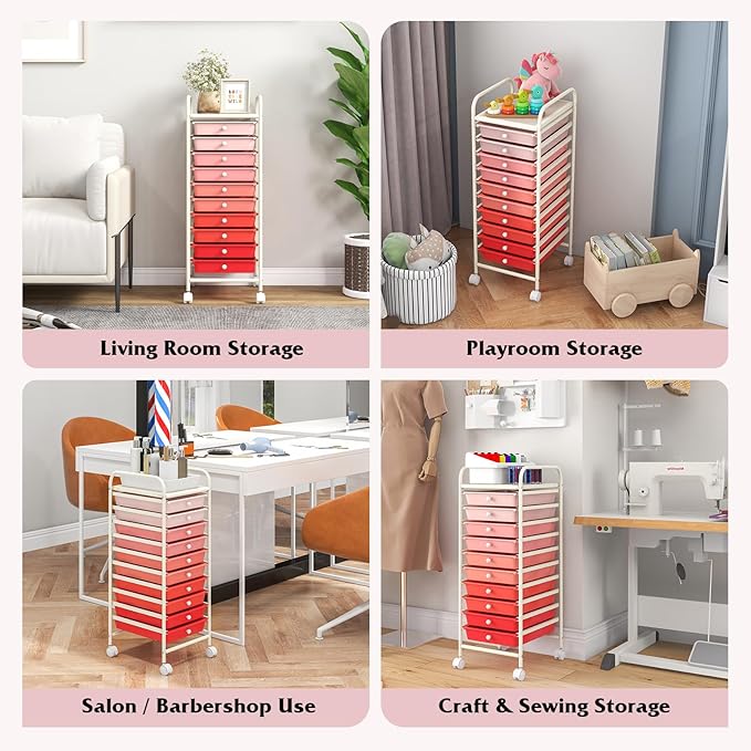 Giantex 10-Drawer Storage Cart w/Universal Wheel Rolling Cart w/Handle Home Organizer Storage Unit w/Removable Drawers Trolley Utility Cart for Kitchen Makeup Living Room Office Play Room