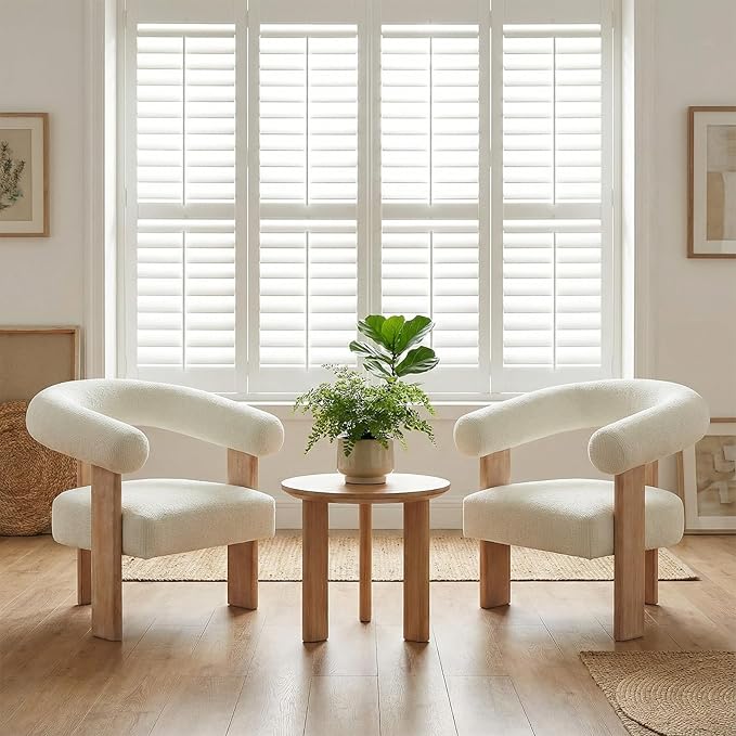 VKNOW Accent Chairs Set of 2 Modern Upholstered Living Room Chair Armchair with Solid Wood Legs Comfy Barrel Arm Chairs for Living Room Bedroom Cream