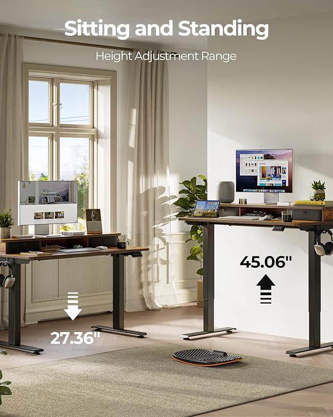 FEZIBO 40 x 24 Inch Height Adjustable Electric Standing Desk with Double Drawer Stand up Home Office Computer Desk with 4 Height-Adjustable Feets &amp 2 Hooks Rustic Brown