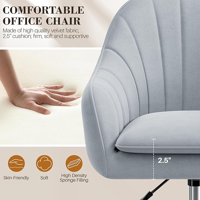 Vanity Chair with Wheels Comfy Home Office Desk Chairs Adjustable Modern Velvet Makeup Vanity Chairs for Bedroom Living Room-Gray
