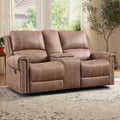EBELLO Manual Reclining Loveseat Faux Leather Dual Double Recliner Sofa with Center Console Hidden Storage &amp Cup Holders Vintage Rivet Mid-Century Modern Design for Living Room Brown