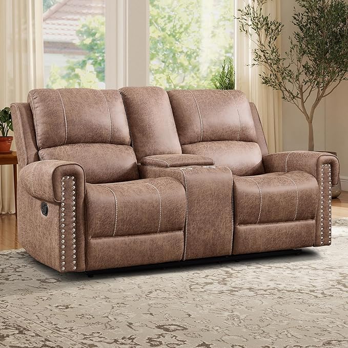 EBELLO Manual Reclining Loveseat Faux Leather Dual Double Recliner Sofa with Center Console Hidden Storage &amp Cup Holders Vintage Rivet Mid-Century Modern Design for Living Room Brown
