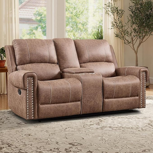 EBELLO Manual Reclining Loveseat Faux Leather Dual Double Recliner Sofa with Center Console Hidden Storage &amp Cup Holders Vintage Rivet Mid-Century Modern Design for Living Room Brown