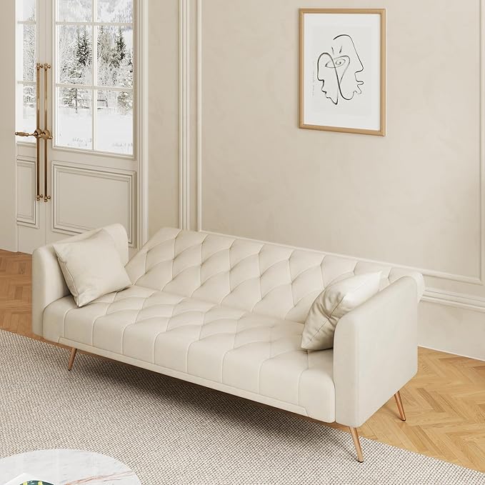71 Futon Sofa Bed VelvetConvertible Sleeper Sofa CouchModern Folding Futonwith 3 Adjustable Backrests and 2 Pillowsfor Small Living Room Bedroom Office (Beige)