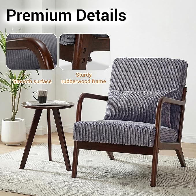 Accent Chair with Side Table Comfy Arm Chair with Solid Wood Frame Upholstered Mid-Century Modern Chair for Living Room Bedroom Waiting Room Dark Grey