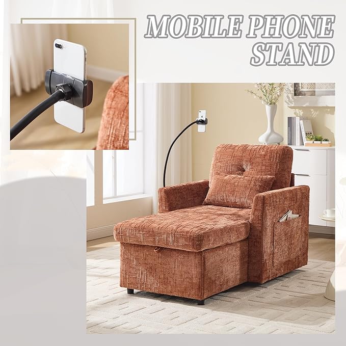 32 Comfy Chaise Lounge Sofa Bed Chair with Storage Side Pockets Phone Holder &amp 2 Pillows Modern Chenille Upholstered Sleeper Sofa Leisure Chair for Living Room Bedroom Small Spaces (Orange)