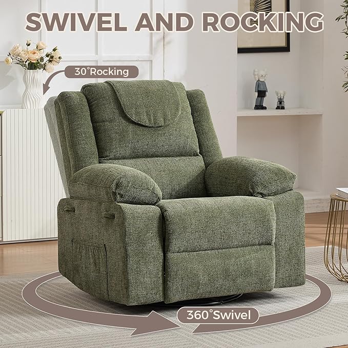 360° Swivel Rocking Recliner Chair Upholstered Linen Glider Nursery Chair with Side Pockets Comfortable Lazy Recliner Single Sofa for Living Room &amp Small SpacesGreen