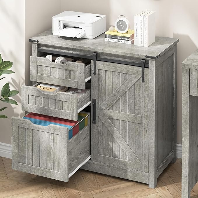 Vabches Lateral File Cabinets with Adjustable Shelf Farmhouse Filing Cabinet for Home Office Filing Organization Storage Cabinets with Sliding Barn Door for Hanging Files Letter/A4.