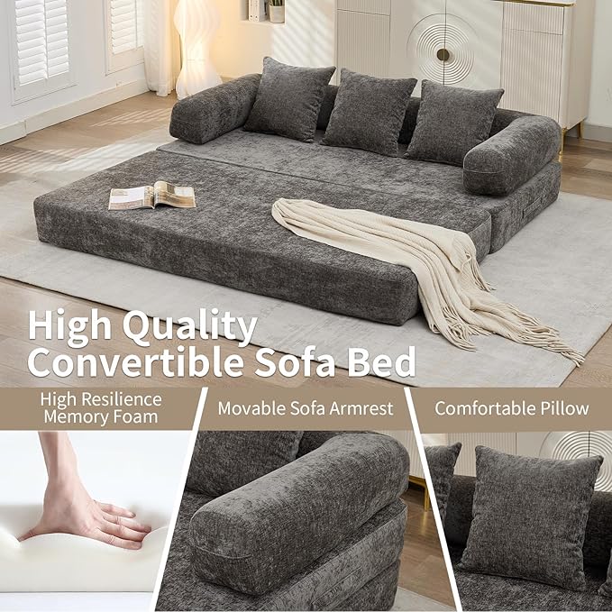 Convertible Sofa Bed 4-in-1 Floor Foldable Couch Bed with Armrests &amp Pillow Chenille Fabric No Assembly Required Comfy Memory Foam Couch Lounge Sofa for Living Room Grey