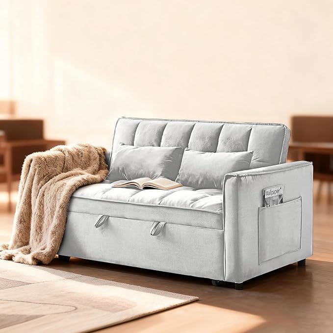 53'' Convertible Sleeper Sofa Bed Modern Velvet Fabric Adjustable Backrest Side Pocket and 2 Pillows 3-in-1 Pull Out Loveseat Couch for Living Room Bedroom Small Spaces Beige