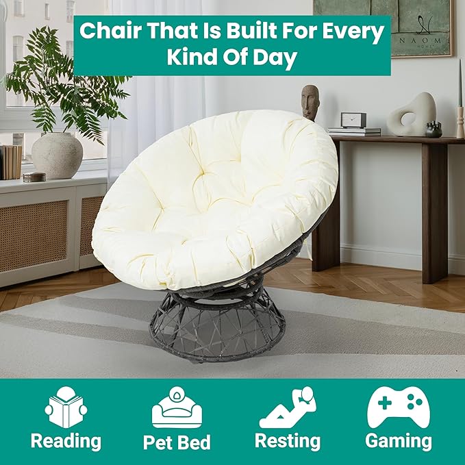 Naomi Home 40” Papasan Chair Indoor with Cushion and Frame – Round Wicker Papasan Chair with Thick Tufted Cushion Sturdy Metal Base Large Reading Chair for Bedroom &amp Living Room Cream