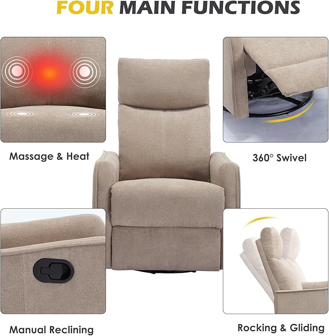 Swivel Rocker Recliner Chair 360° Swivel Recliner with Heat and Massage Rocker Recliner Nursery Glider Chair with Side Pockets for Living Room (Khaki Fabric)