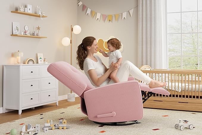 Recliner Chair 360° Swivel Rocking Glider Chair for Adults with Adjustable Backrest &amp Footrest Cozy Corduroy Upholstered Armchair for Living Rooms Bedrooms Apartments Pink