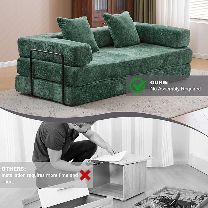 Convertible Sleeper Sofa Bed with Fixed-Shape Frame Floor Sofa Lounge Couch with Cylindrical Pillow Chenille Folding Mattress Couch for Living Room Bedroom-Dark Green
