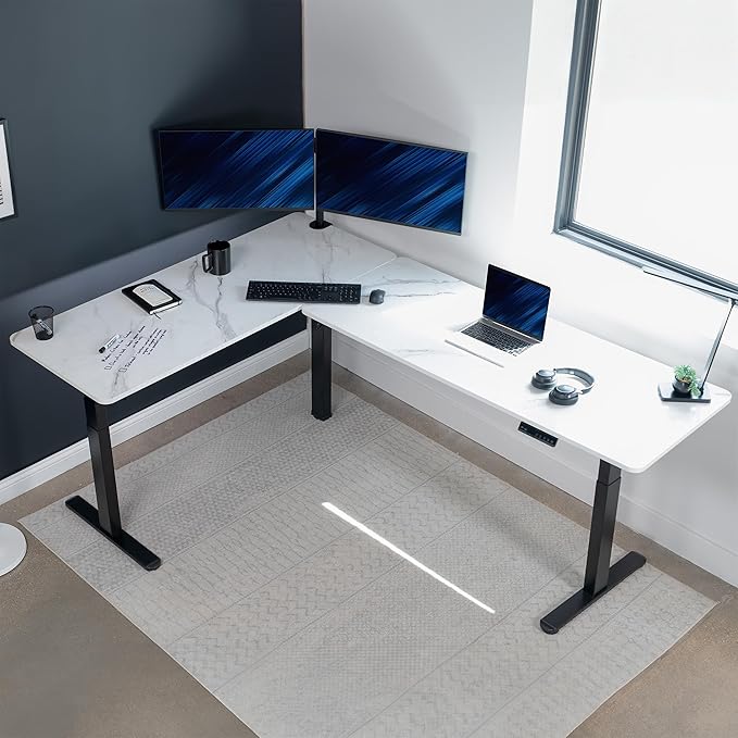 VIVO Electric Height Adjustable 83 x 60 inch Corner Stand Up Desk 2 White Marble Dry Erase Solid Table Tops Black Frame Memory Controller L-Shaped Workstation 3E Series DESK-KIT-3E8BWM