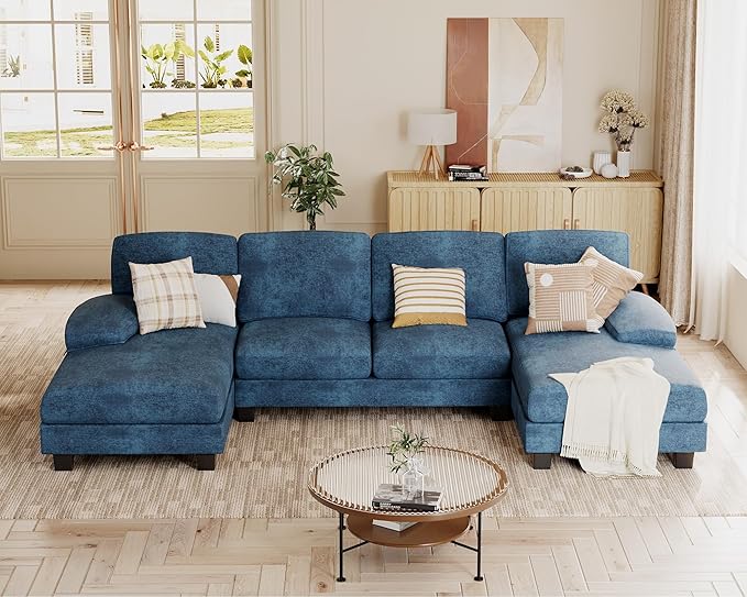 JUMMICO Sectional Couches for Living Room U Shaped Couch with Chenille Fabric 4 Seat Modern Sofa with Removable Pillows for Apartment and Small Space (Fabric Blue)