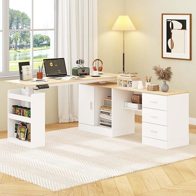 63 Large Electric Standing Office Desk with Drawers Modern Executive Deep L Shaped Computer Raising Stand up Desk with Shelves Storage for Home Office Adjustable Height White &amp Natural