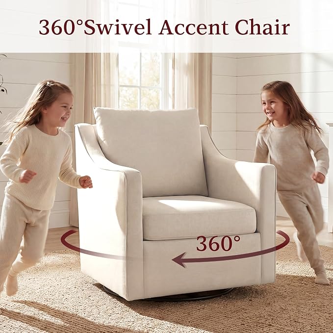 ANJ 360° Swivel Accent Chair Large Comfy Fabric Reading Chair with Wide Curved Back and Soft Pillows Mid Century Modern Chair for Living Room and Bedroom Beige