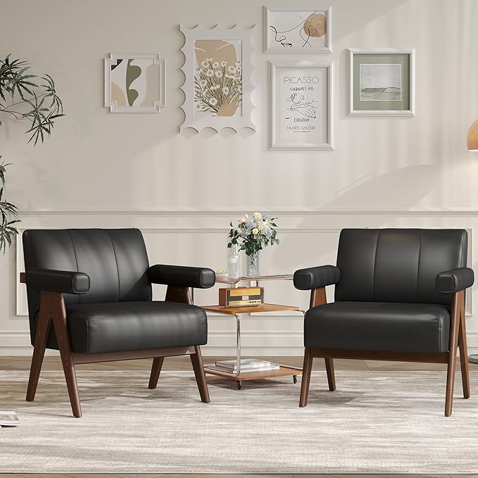 JIASTING Mid Century Modern Accent Chair Set of 2 Black Leather Office Reading Accent Chairs Small Comfy Side Arm Chairs for Living Room Bedroom Wood Arms (2 Black)