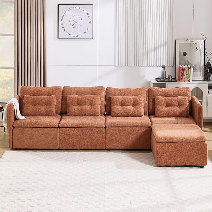 LukeAlon L Shaped 4 Seater Modular Sectional Sofa Couch with Waist Pillow Modern Chenille Sofa Set with Ottoman 110 Comfy Upholstered Sleeper Sofa Couches for Living Room Office Light Brown
