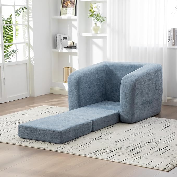 40 Folding Sofa Bed 2 in 1 Convertible Futon Sleeper Chair with Armrest &amp Backrest Comfy Chenille Cloud Floor Couch Single Sofa Chair Lounge for Living Room Bedroom (Light Blue)