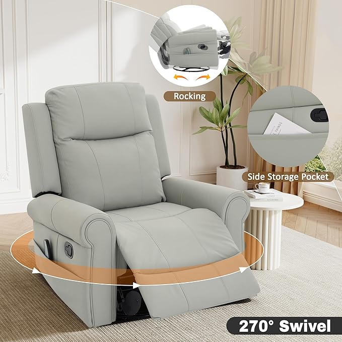 Merax 270°Swivel Rocker Recliner Chair PU Leather Manual Recliner with Massage and Heating Dual Reclining Positions and Side Pocket and for Living Room Bedroom or Nursery Grey