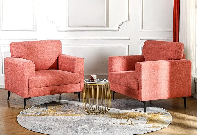 CDCASA Accent Chair Linen Fabric Oversized Mid Century Modern Chair Set of 2 Comfy Upholstered Armchair Reading Accent Chairs Sofa Chairs for Bedroom Living Room Coral Pink