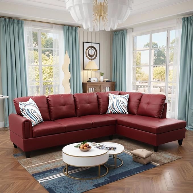 L Shaped Couch Sectional Couches with Chaise 3 Pieces Modular Convertible Sofa for Living Room Furniture Sets and Small Apartment Faux Leather Ruby
