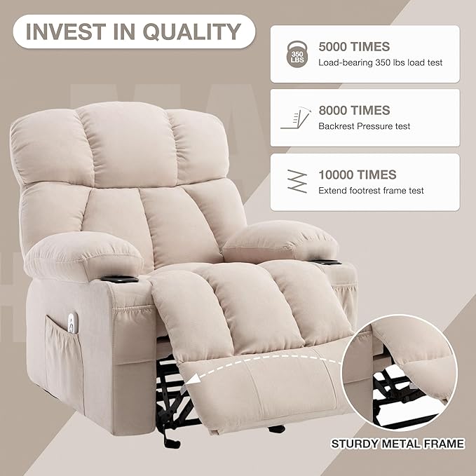 Massage Rocker Recliner Chair with Heat and Vibration Ergonomic Rocking Lounge Chair for Living Room Comfy Overstuffed Recliner with 4 Side Pockets2 Cup Holders USB Charge PortBeige