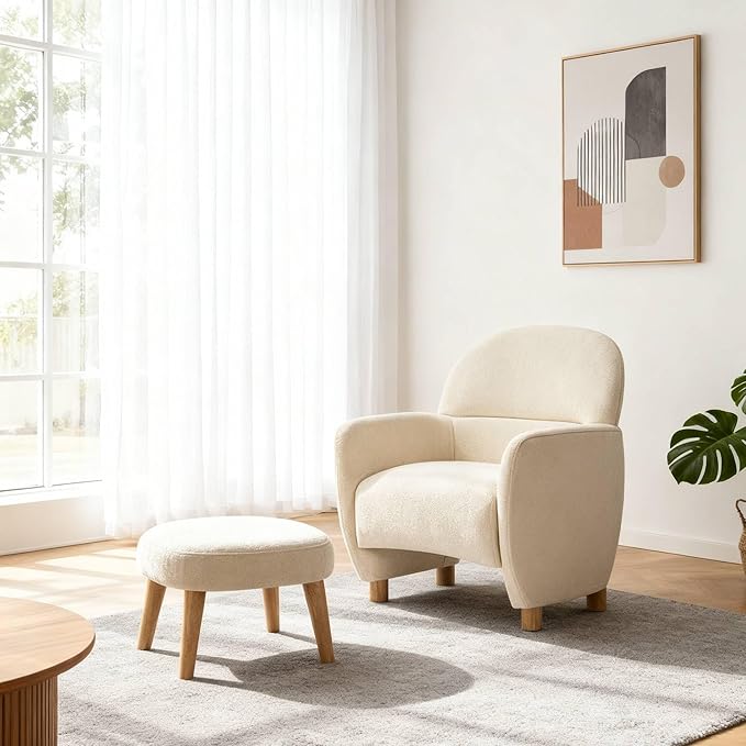 Modern Barrel Chair with Ottoman Upholstered Armchair with Wooden Legs Backrest Single Sofa Soft Cushion Seating Comfy Lounge Chair for Living RoomBedroomReading Corner (White)