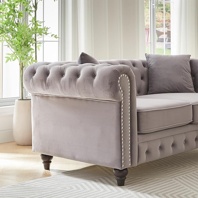 Modern Chesterfield Sofa Couch 63.5-inch Velvet Fabric Loveseat Sofa with Rolled Arms and Tufted Button for Living Room Office Light Grey