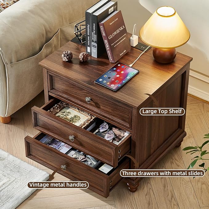 Farmhouse Nightstand with Charging Station 24 Wide End Table with 3 DrawersWood Dresser Cabinet for Bedroom Bed Side Table Chest of DrawersNight Stand for Living Room ClosetBrown