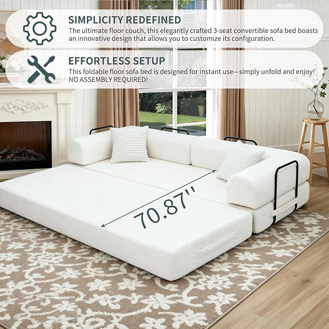 Convertible Sleeper Sofa Bed 1600lbs Weight Capacity Floor Sofa Bed with Fixed-Shape Frame Corduroy Foldable Couch for Small Space Lounge Mattress for Living Room Apartment Game Room (White)
