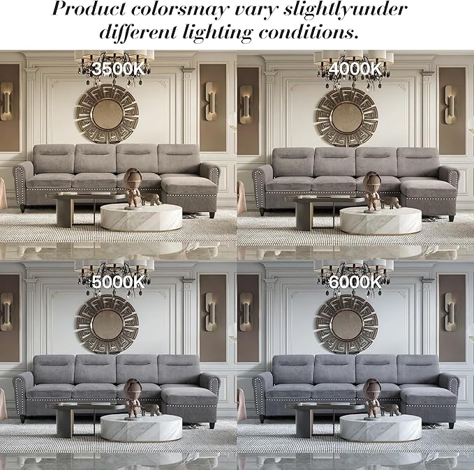 ABET 106 Inch Modular L-Shaped Sectional Couch with Ottoman 4 Deep Seat Convertible Sofa with Ottoman Nailhead Decor Comfy Upholstered Large Cushion for Living Room Bedroom Apartment Grey