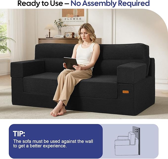 MeMoreCool Boneless Couch Convertible Sofa Bed Queen Corduroy Futon Couch Sleeper Sofa Boneless Loveseat Pull Out Couch Bed Fold Out Floor Sofa for Living Room Bedroom Apartment Black