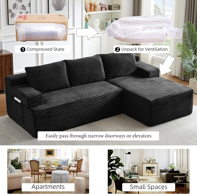 Boneless Couch Corduroy Cloud Sofa 96'' Sectional Couches Deep Seat L-Shaped Sofa No Assembly Pet-Friendly Apartment Couch for Living Room Small Spaces in a Box