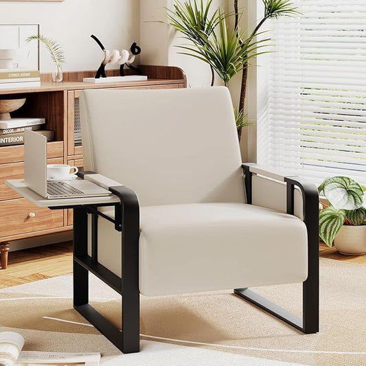 Andeworld Modern Accent Chair Mid Century Living Room Armchair Upholstered Faux Leather Sofa Side Chair with Side Table for ReadingWorkingOfficeApartmentBeige